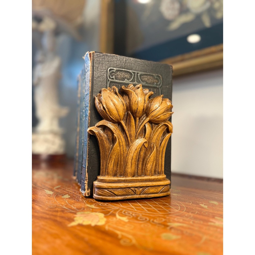 Vintage Syroco Tulip Bookends Pair • Faux Wood Floral Bookends